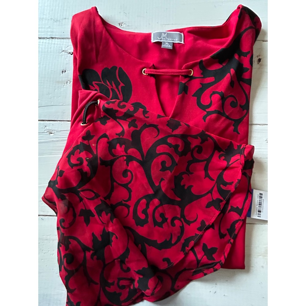 JM Collection Red Black Floral Scroll Bell Sleeve Top XL NWT